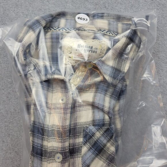 Anthropologie Holding Horses Womens Small Blue Beige Flannel Plaid Sheer Back - Picture 13 of 13